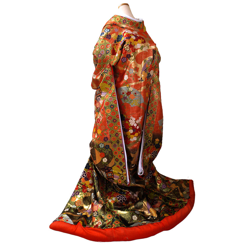 Vintage Japanese Uchikake Wedding Kimono, Red & Black with Peonies, Plum Blossoms, Cherry Blossoms, Gosho-Guruma & Gold Embroidery