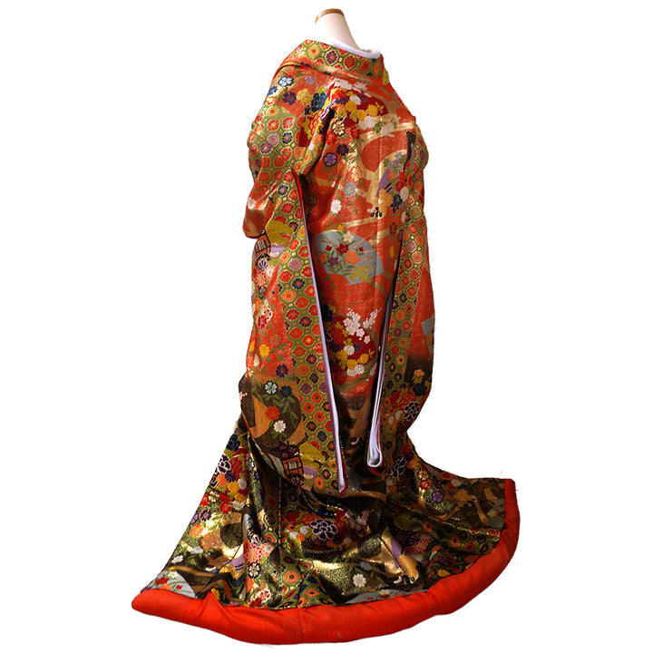 Vintage Japanese Uchikake Wedding Kimono, Red & Black with Peonies, Plum Blossoms, Cherry Blossoms, Gosho-Guruma & Gold Embroidery