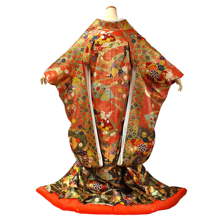 Vintage Japanese Uchikake Wedding Kimono, Red & Black with Peonies, Plum Blossoms, Cherry Blossoms, Gosho-Guruma & Gold Embroidery