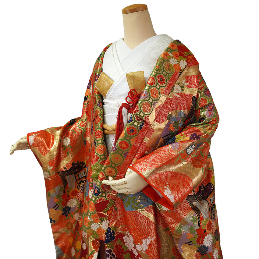 Vintage Japanese Uchikake Wedding Kimono, Red & Black with Peonies, Plum Blossoms, Cherry Blossoms, Gosho-Guruma & Gold Embroidery