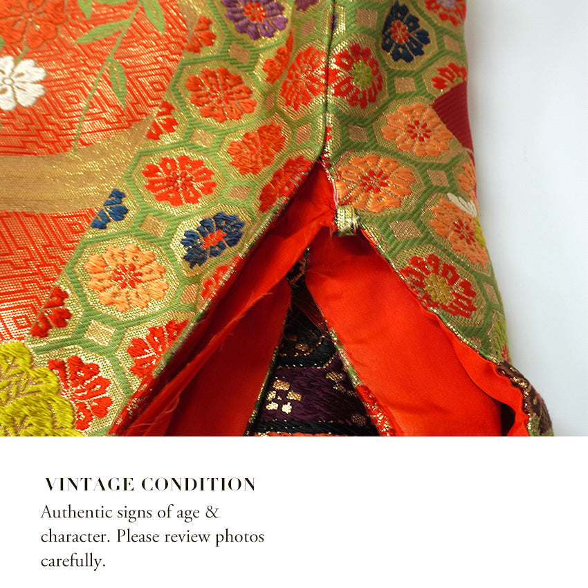 Vintage Japanese Uchikake Wedding Kimono, Red & Black with Peonies, Plum Blossoms, Cherry Blossoms, Gosho-Guruma & Gold Embroidery