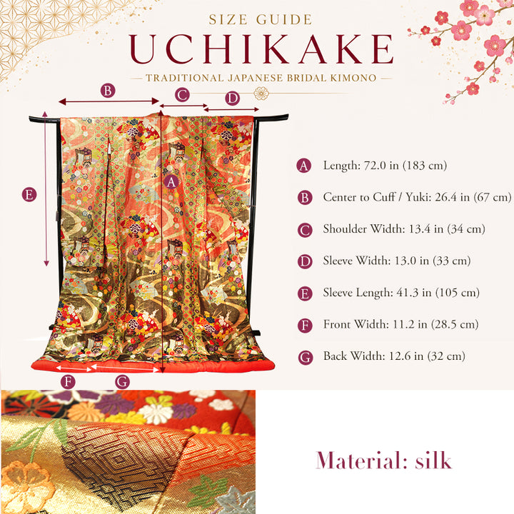 Vintage Japanese Uchikake Wedding Kimono, Red & Black with Peonies, Plum Blossoms, Cherry Blossoms, Gosho-Guruma & Gold Embroidery