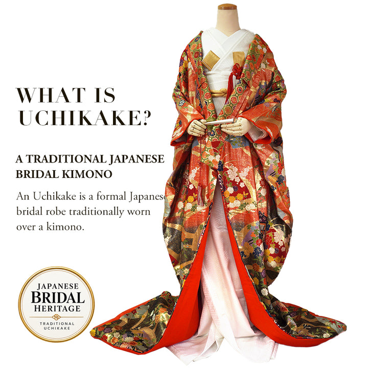 Vintage Japanese Uchikake Wedding Kimono, Red & Black with Peonies, Plum Blossoms, Cherry Blossoms, Gosho-Guruma & Gold Embroidery