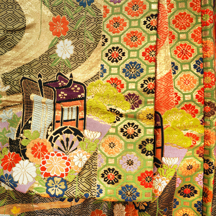 Vintage Japanese Uchikake Wedding Kimono, Red & Black with Peonies, Plum Blossoms, Cherry Blossoms, Gosho-Guruma & Gold Embroidery