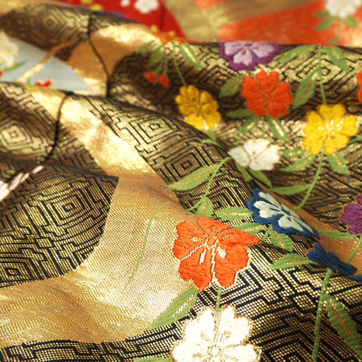 Vintage Japanese Uchikake Wedding Kimono, Red & Black with Peonies, Plum Blossoms, Cherry Blossoms, Gosho-Guruma & Gold Embroidery