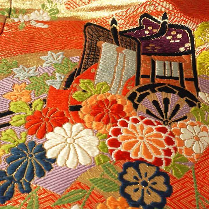Vintage Japanese Uchikake Wedding Kimono, Red & Black with Peonies, Plum Blossoms, Cherry Blossoms, Gosho-Guruma & Gold Embroidery
