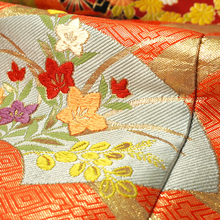 Vintage Japanese Uchikake Wedding Kimono, Red & Black with Peonies, Plum Blossoms, Cherry Blossoms, Gosho-Guruma & Gold Embroidery