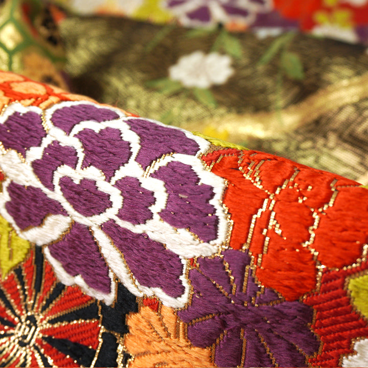 Vintage Japanese Uchikake Wedding Kimono, Red & Black with Peonies, Plum Blossoms, Cherry Blossoms, Gosho-Guruma & Gold Embroidery