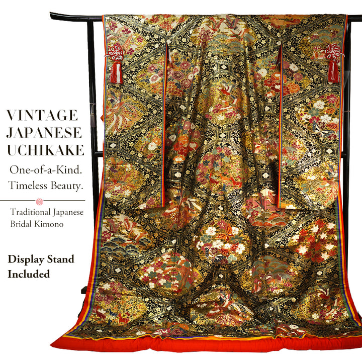 Vintage Japanese Uchikake Wedding Kimono, Black & Gold with Phoenix, Butterflies, Chrysanthemums, Peonies & Autumn Leaves & Gold Thread