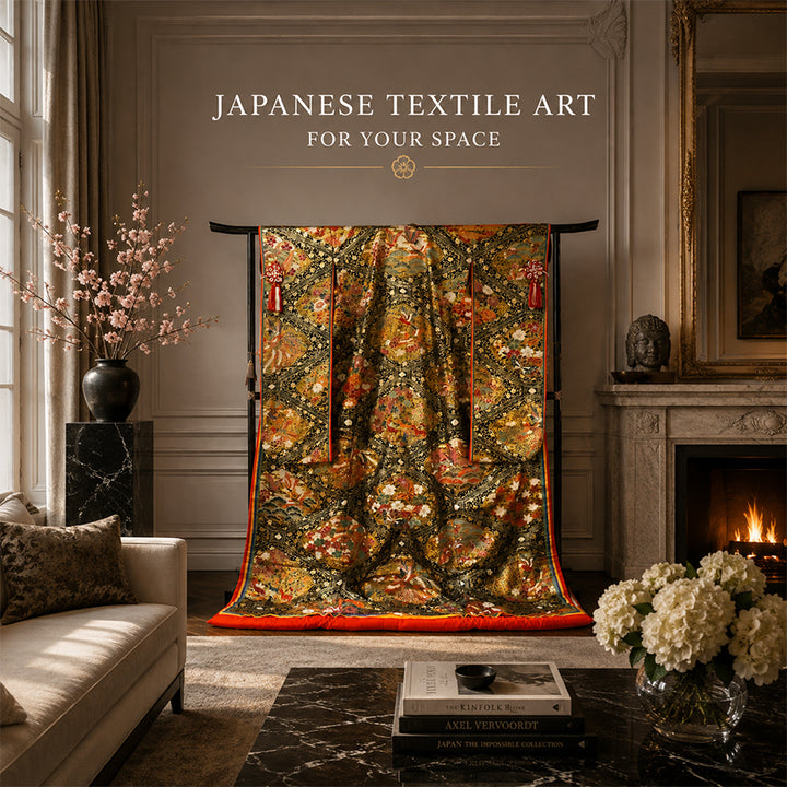 Vintage Japanese Uchikake Wedding Kimono, Black & Gold with Phoenix, Butterflies, Chrysanthemums, Peonies & Autumn Leaves & Gold Thread