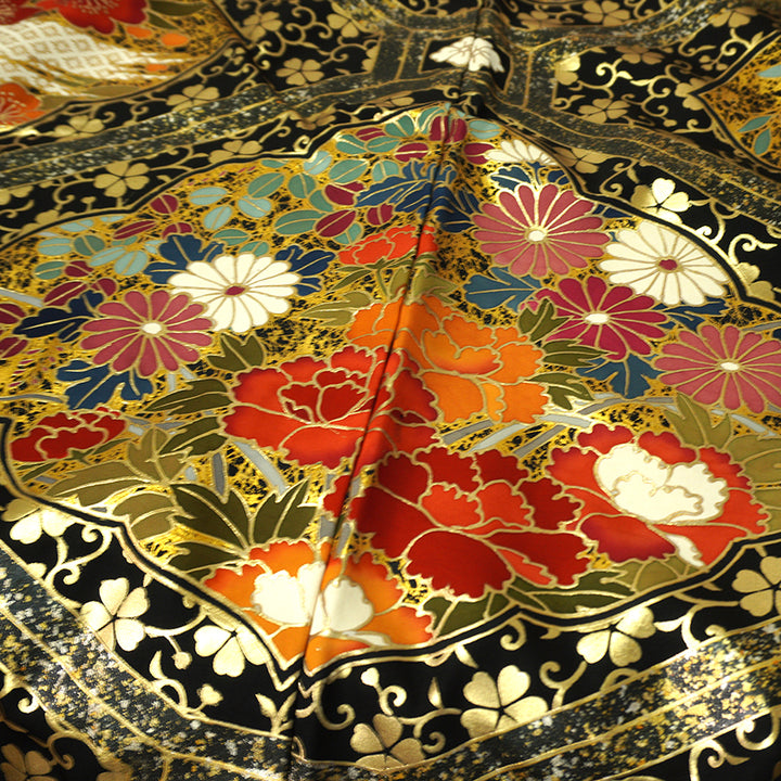 Vintage Japanese Uchikake Wedding Kimono, Black & Gold with Phoenix, Butterflies, Chrysanthemums, Peonies & Autumn Leaves & Gold Thread