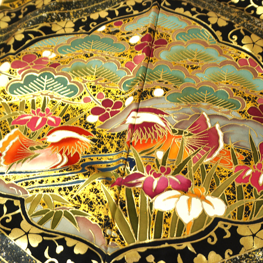 Vintage Japanese Uchikake Wedding Kimono, Black & Gold with Phoenix, Butterflies, Chrysanthemums, Peonies & Autumn Leaves & Gold Thread