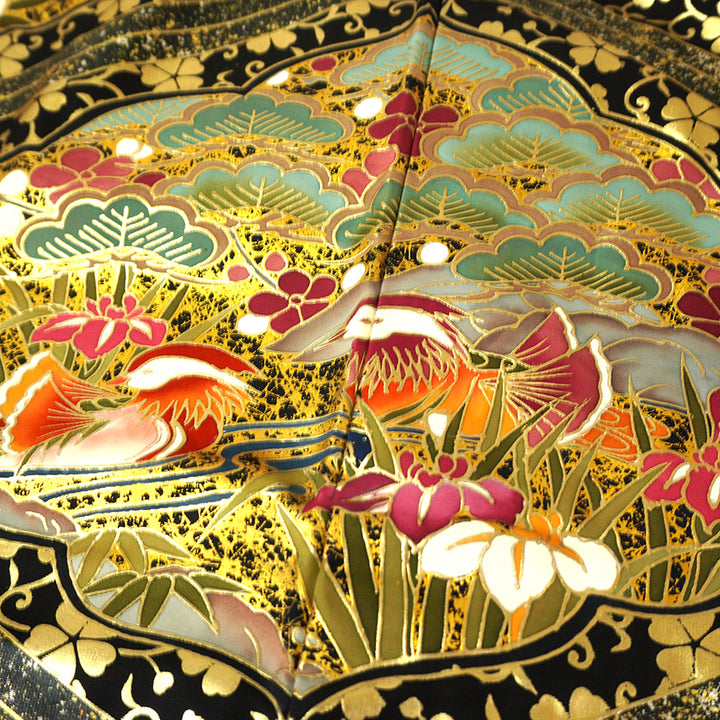 Vintage Japanese Uchikake Wedding Kimono, Black & Gold with Phoenix, Butterflies, Chrysanthemums, Peonies & Autumn Leaves & Gold Thread