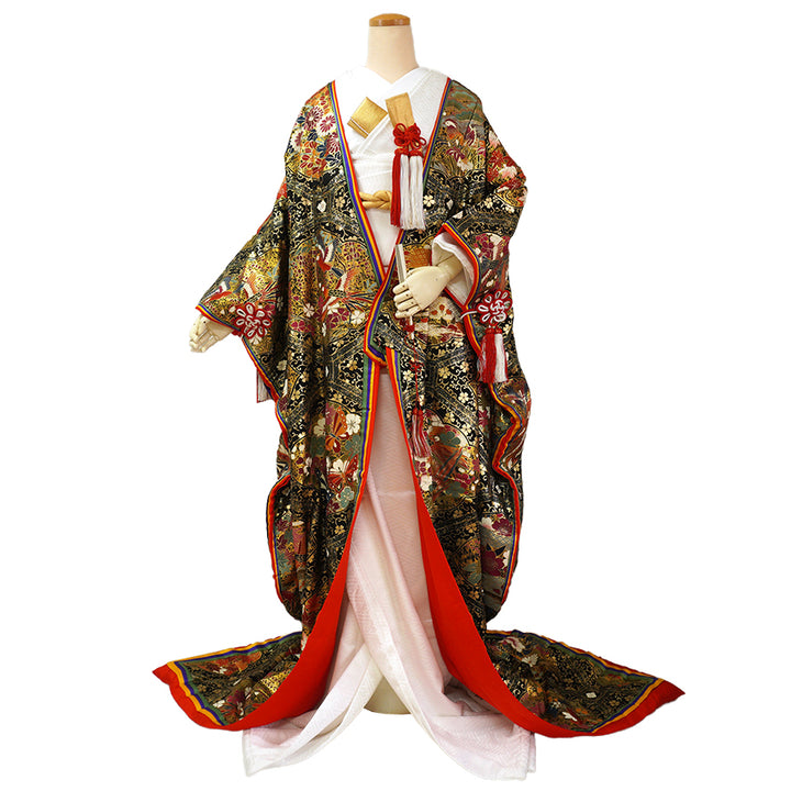 Vintage Japanese Uchikake Wedding Kimono, Black & Gold with Phoenix, Butterflies, Chrysanthemums, Peonies & Autumn Leaves & Gold Thread