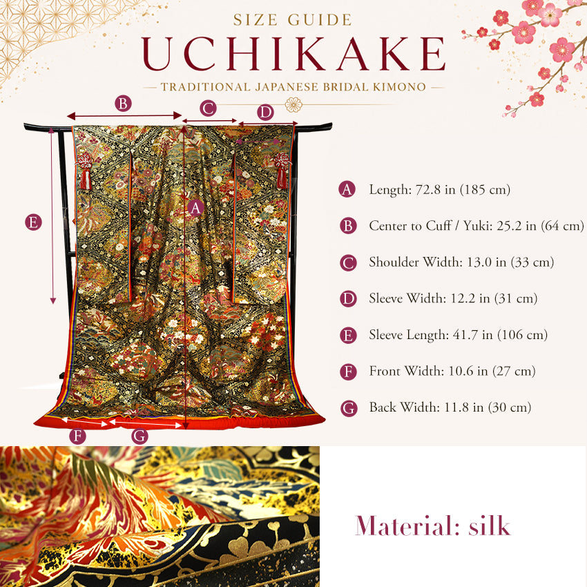 Vintage Japanese Uchikake Wedding Kimono, Black & Gold with Phoenix, Butterflies, Chrysanthemums, Peonies & Autumn Leaves & Gold Thread