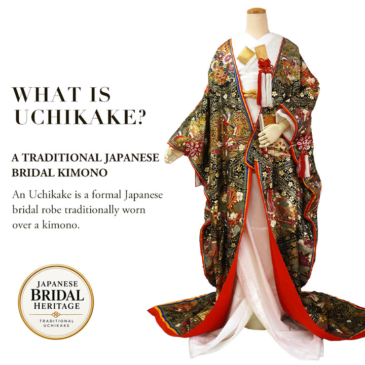 Vintage Japanese Uchikake Wedding Kimono, Black & Gold with Phoenix, Butterflies, Chrysanthemums, Peonies & Autumn Leaves & Gold Thread