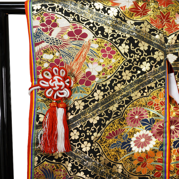 Vintage Japanese Uchikake Wedding Kimono, Black & Gold with Phoenix, Butterflies, Chrysanthemums, Peonies & Autumn Leaves & Gold Thread
