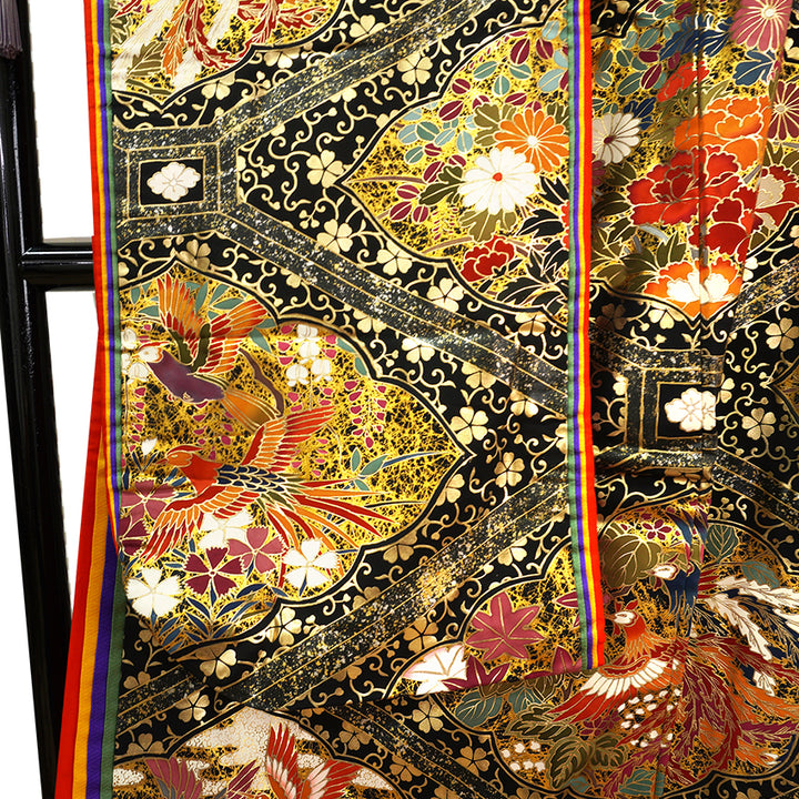 Vintage Japanese Uchikake Wedding Kimono, Black & Gold with Phoenix, Butterflies, Chrysanthemums, Peonies & Autumn Leaves & Gold Thread