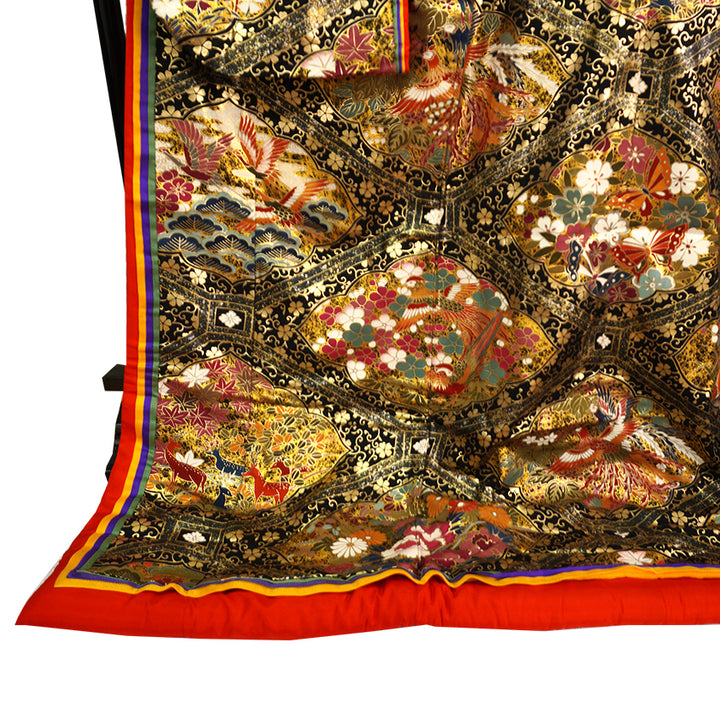 Vintage Japanese Uchikake Wedding Kimono, Black & Gold with Phoenix, Butterflies, Chrysanthemums, Peonies & Autumn Leaves & Gold Thread