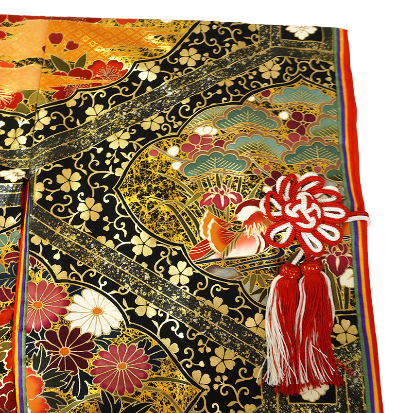 Vintage Japanese Uchikake Wedding Kimono, Black & Gold with Phoenix, Butterflies, Chrysanthemums, Peonies & Autumn Leaves & Gold Thread
