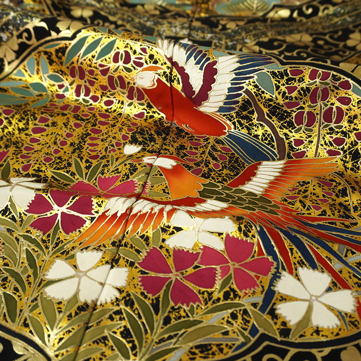 Vintage Japanese Uchikake Wedding Kimono, Black & Gold with Phoenix, Butterflies, Chrysanthemums, Peonies & Autumn Leaves & Gold Thread