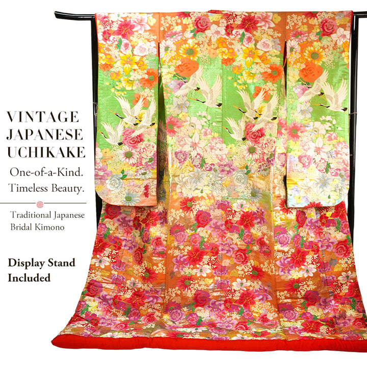 Vintage Japanese Uchikake Wedding Kimono, Orange & Green base, with Cranes, Roses, Lilies & Chrysanthemums