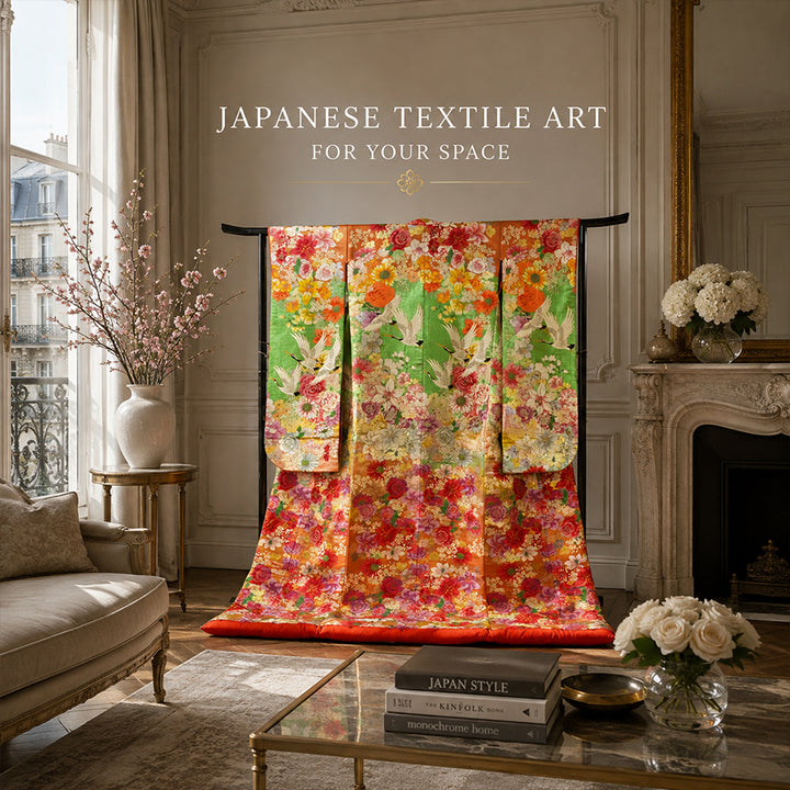Vintage Japanese Uchikake Wedding Kimono, Orange & Green base, with Cranes, Roses, Lilies & Chrysanthemums