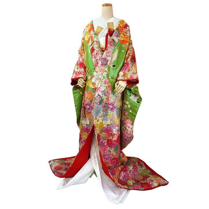 Vintage Japanese Uchikake Wedding Kimono, Orange & Green base, with Cranes, Roses, Lilies & Chrysanthemums