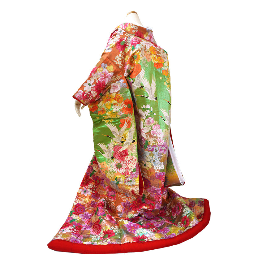 Vintage Japanese Uchikake Wedding Kimono, Orange & Green base, with Cranes, Roses, Lilies & Chrysanthemums