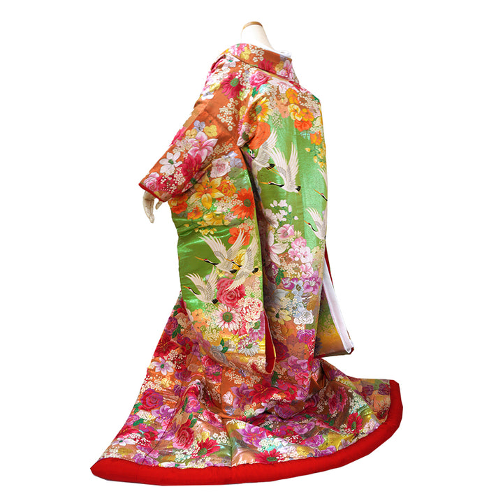 Vintage Japanese Uchikake Wedding Kimono, Orange & Green base, with Cranes, Roses, Lilies & Chrysanthemums