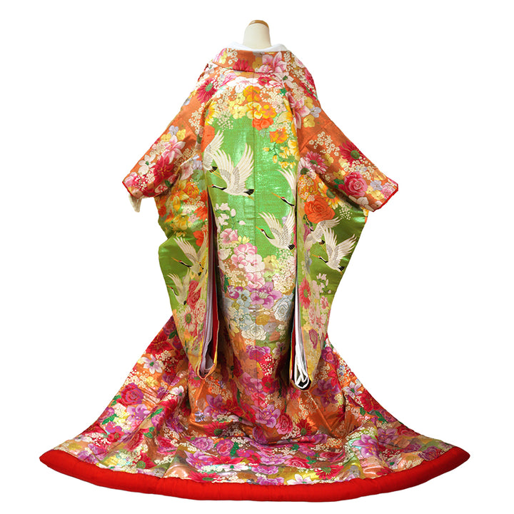 Vintage Japanese Uchikake Wedding Kimono, Orange & Green base, with Cranes, Roses, Lilies & Chrysanthemums