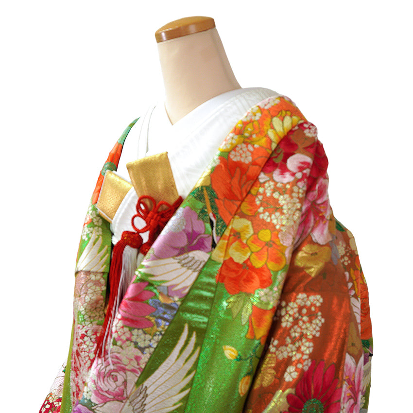 Vintage Japanese Uchikake Wedding Kimono, Orange & Green base, with Cranes, Roses, Lilies & Chrysanthemums