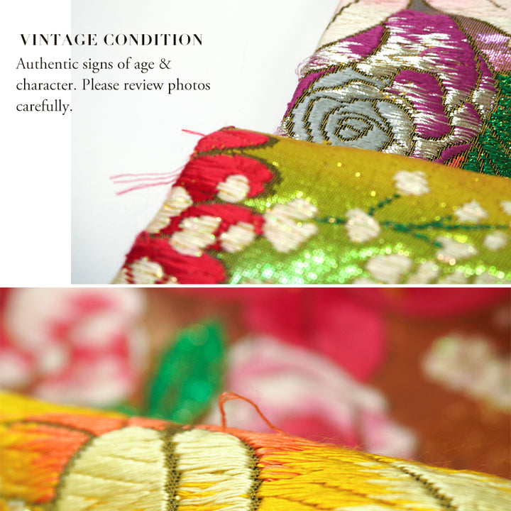 Vintage Japanese Uchikake Wedding Kimono, Orange & Green base, with Cranes, Roses, Lilies & Chrysanthemums