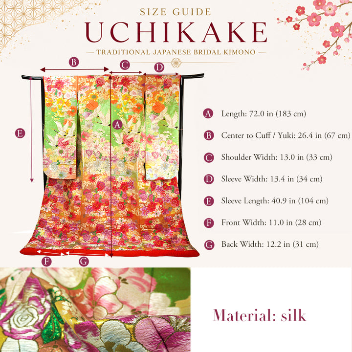Vintage Japanese Uchikake Wedding Kimono, Orange & Green base, with Cranes, Roses, Lilies & Chrysanthemums