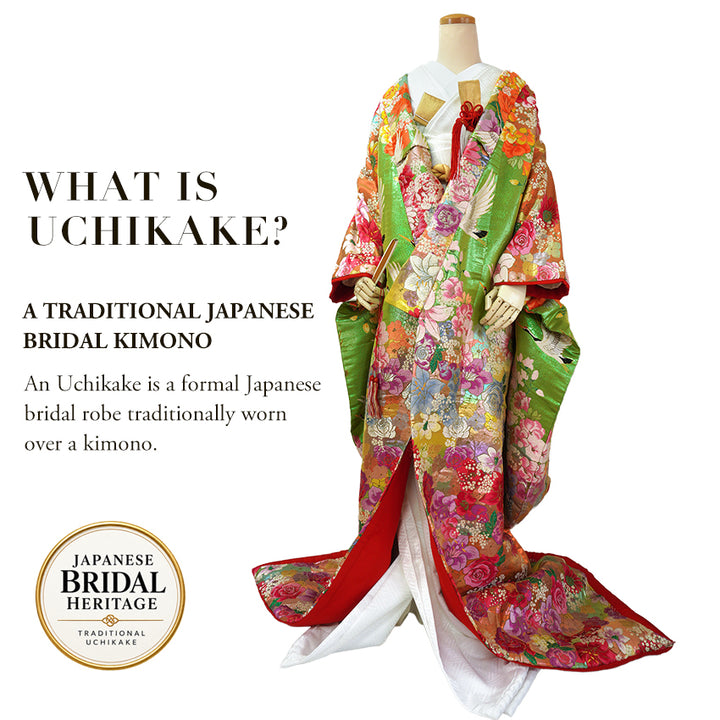 Vintage Japanese Uchikake Wedding Kimono, Orange & Green base, with Cranes, Roses, Lilies & Chrysanthemums