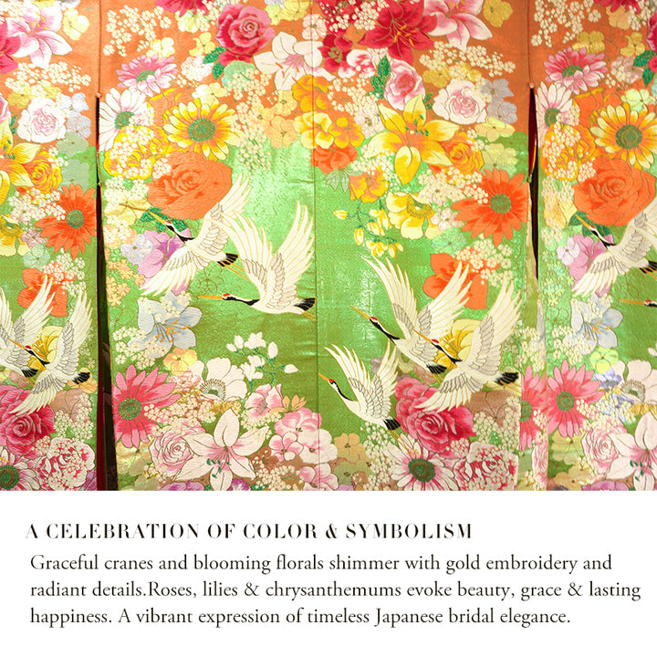 Vintage Japanese Uchikake Wedding Kimono, Orange & Green base, with Cranes, Roses, Lilies & Chrysanthemums