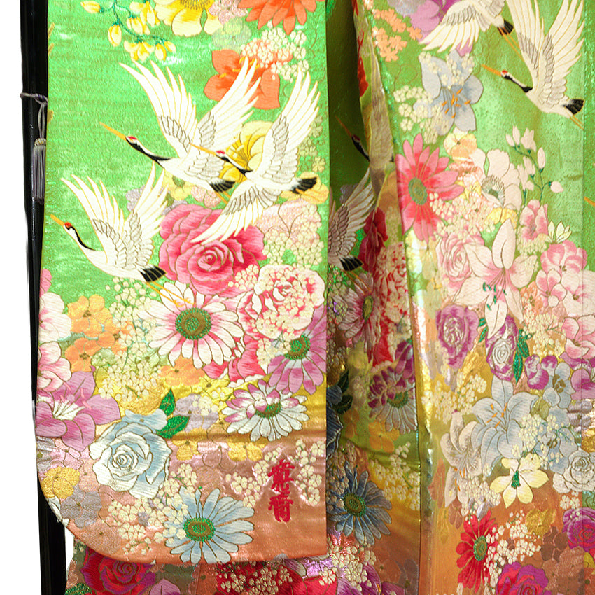 Vintage Japanese Uchikake Wedding Kimono, Orange & Green base, with Cranes, Roses, Lilies & Chrysanthemums