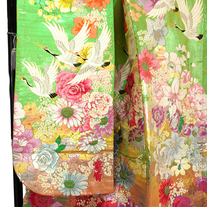 Vintage Japanese Uchikake Wedding Kimono, Orange & Green base, with Cranes, Roses, Lilies & Chrysanthemums