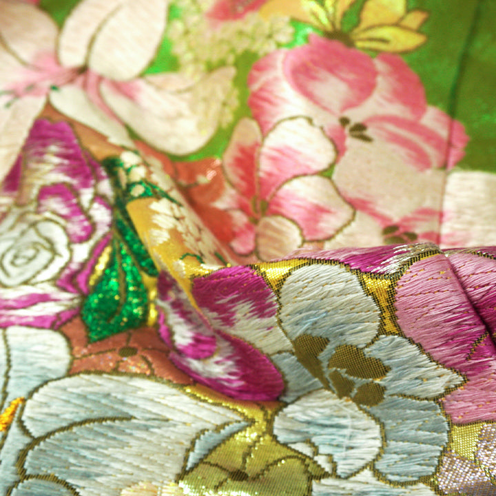 Vintage Japanese Uchikake Wedding Kimono, Orange & Green base, with Cranes, Roses, Lilies & Chrysanthemums
