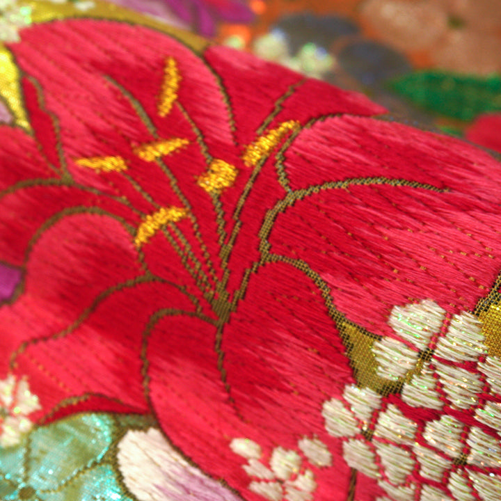 Vintage Japanese Uchikake Wedding Kimono, Orange & Green base, with Cranes, Roses, Lilies & Chrysanthemums