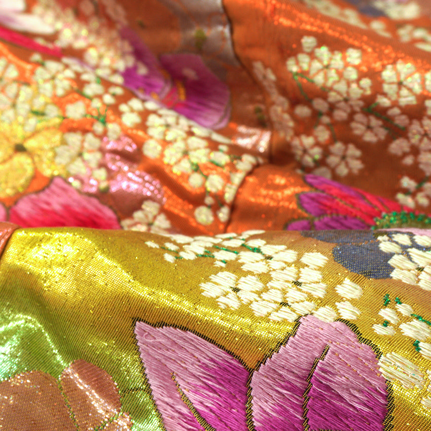 Vintage Japanese Uchikake Wedding Kimono, Orange & Green base, with Cranes, Roses, Lilies & Chrysanthemums