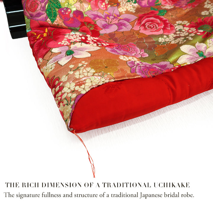Vintage Japanese Uchikake Wedding Kimono, Orange & Green base, with Cranes, Roses, Lilies & Chrysanthemums
