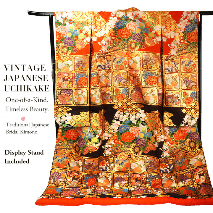 Vintage Japanese Uchikake Wedding Kimono, Red & Deep Brown with Golden Gosho-Guruma, Chrysanthemums & Peonies & Gold Thread