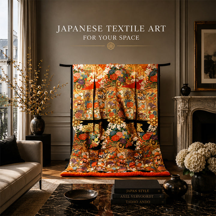 Vintage Japanese Uchikake Wedding Kimono, Red & Deep Brown with Golden Gosho-Guruma, Chrysanthemums & Peonies & Gold Thread