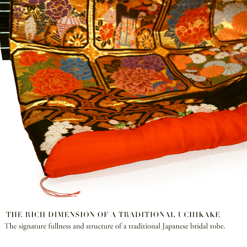 Vintage Japanese Uchikake Wedding Kimono, Red & Deep Brown with Golden Gosho-Guruma, Chrysanthemums & Peonies & Gold Thread