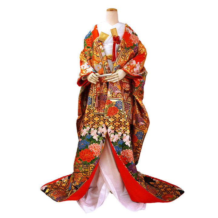 Vintage Japanese Uchikake Wedding Kimono, Red & Deep Brown with Golden Gosho-Guruma, Chrysanthemums & Peonies & Gold Thread