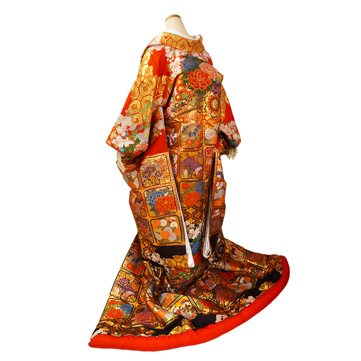Vintage Japanese Uchikake Wedding Kimono, Red & Deep Brown with Golden Gosho-Guruma, Chrysanthemums & Peonies & Gold Thread