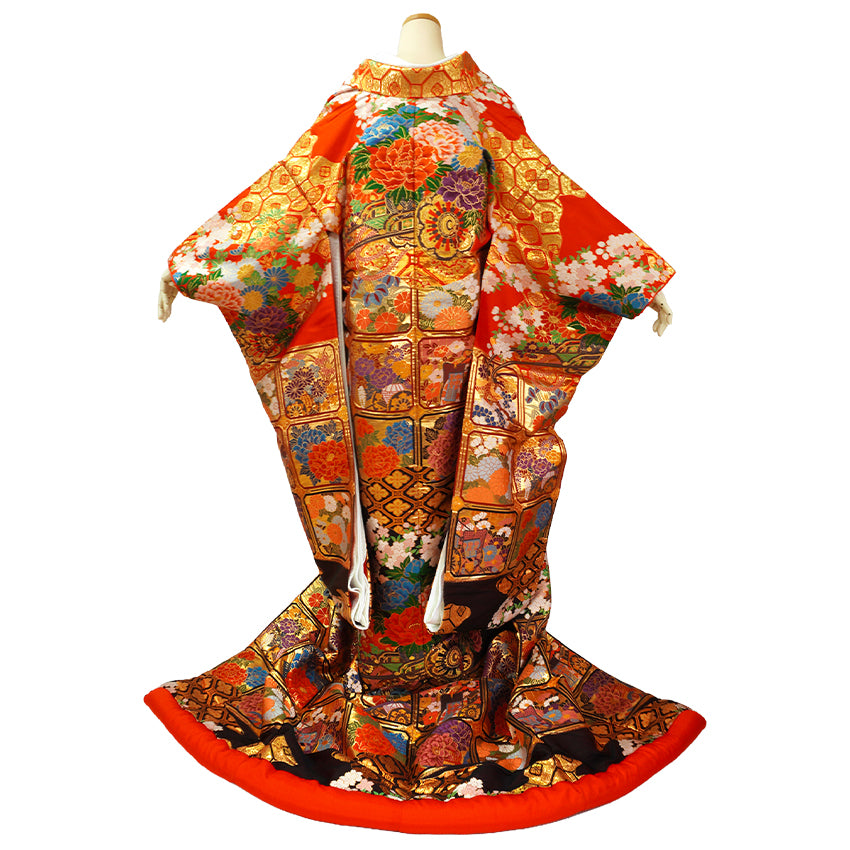 Vintage Japanese Uchikake Wedding Kimono, Red & Deep Brown with Golden Gosho-Guruma, Chrysanthemums & Peonies & Gold Thread