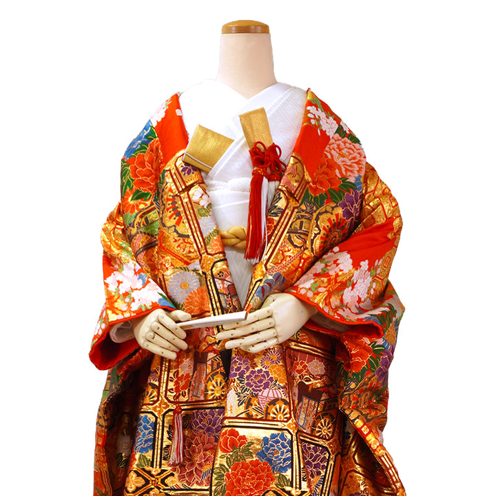 Vintage Japanese Uchikake Wedding Kimono, Red & Deep Brown with Golden Gosho-Guruma, Chrysanthemums & Peonies & Gold Thread