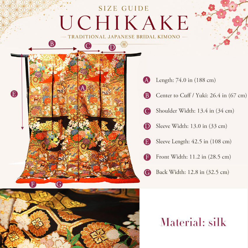 Vintage Japanese Uchikake Wedding Kimono, Red & Deep Brown with Golden Gosho-Guruma, Chrysanthemums & Peonies & Gold Thread
